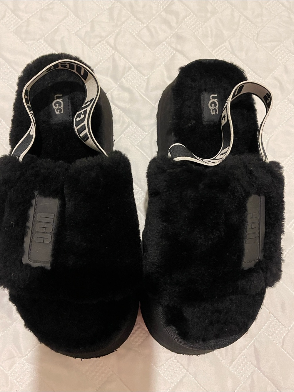 UGG Black Fuzzy Slide Sandals with Logo Back Strap